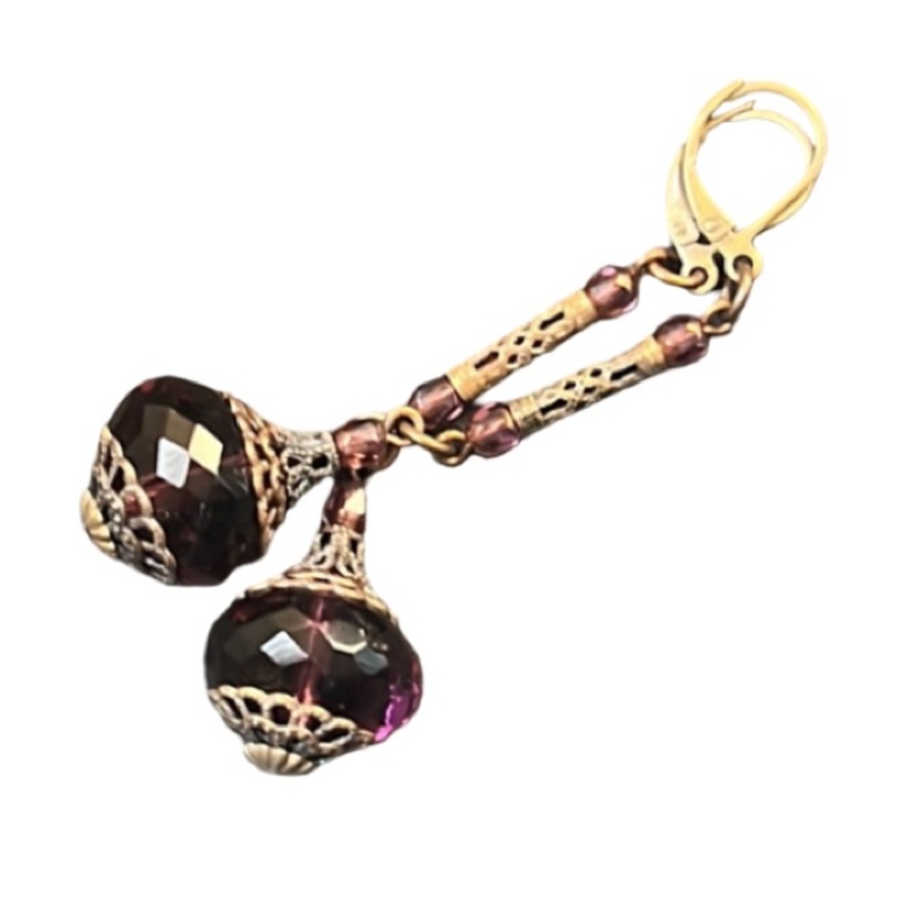 Antique Art Nouveau Bronze Filagree Purple Czech Glass Beaded Drop Earrings - Picture 4 of 15